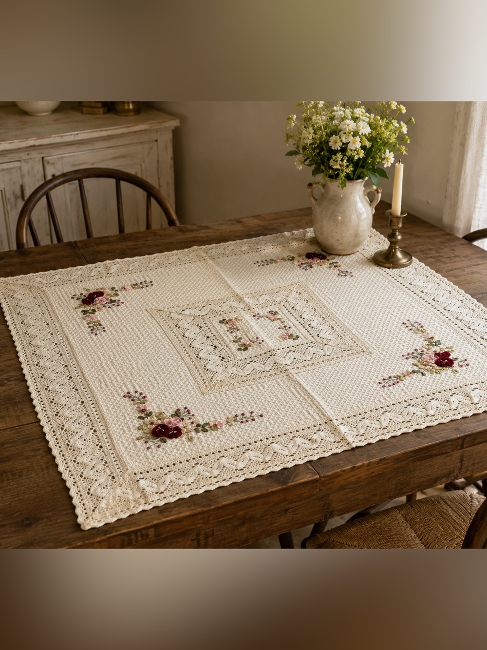 Handcrafted Cream Crochet Tablecloth with Floral Embroidery